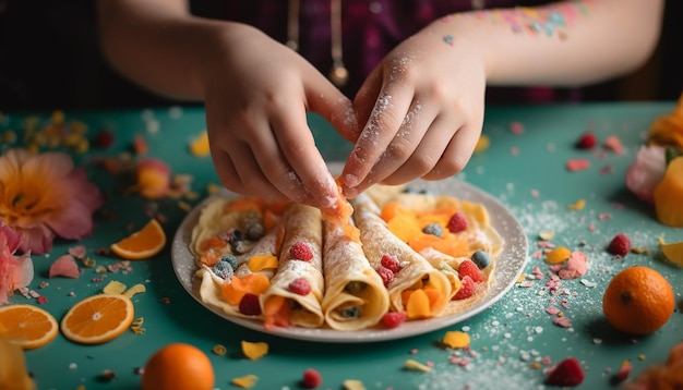 Bezpłatne zdjęcie Śliczne dziewczyny pieką słodkie ciasteczka na halloween w pomieszczeniu szczęśliwie wygenerowane przez sztuczną inteligencję