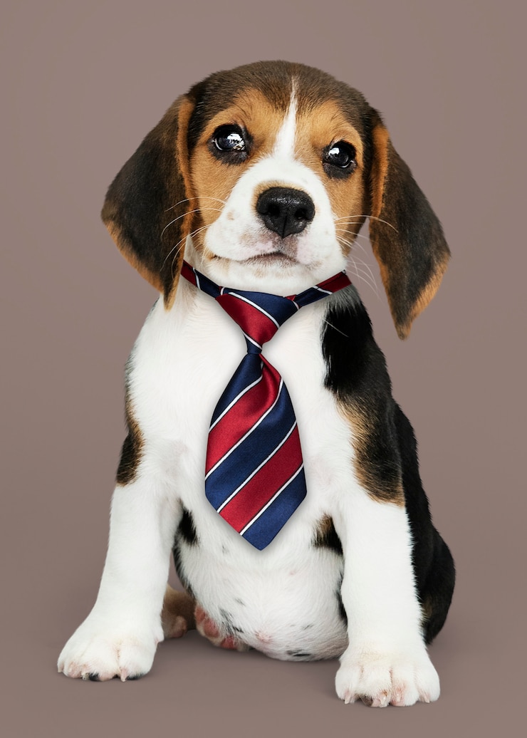 Bezpłatny plik Zdjęcie śliczny beagle szczeniak w czerwonym błękitnym i białym pasiastym krawacie