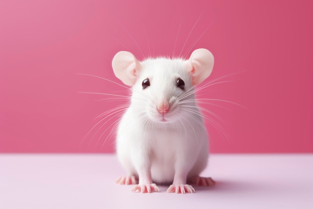 Śliczny biały szczur stojący w różowym pokoju