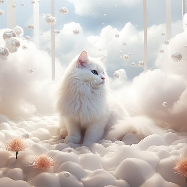 Śliczny kotek relaksujący się na chmurach