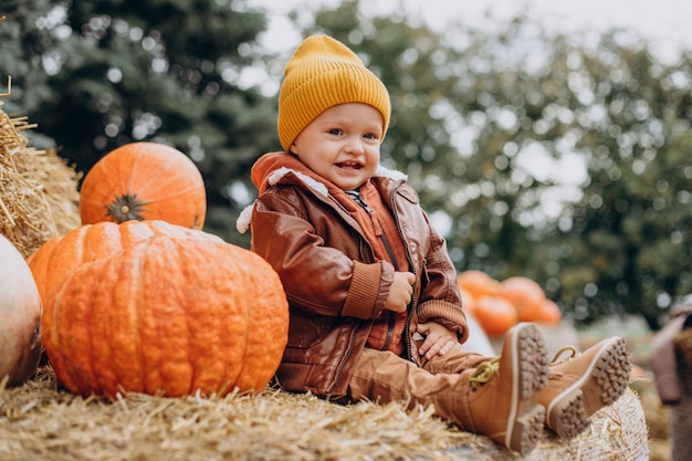 Śliczny mały chłopiec z halloweenowymi dyniami na ranczu