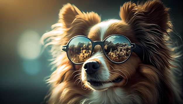Śliczny pies z okularami przeciwsłonecznymi pozuje dla portretowej generatywnej AI