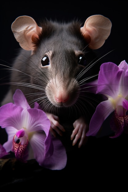 Śliczny szczur z kwiatami w studiu