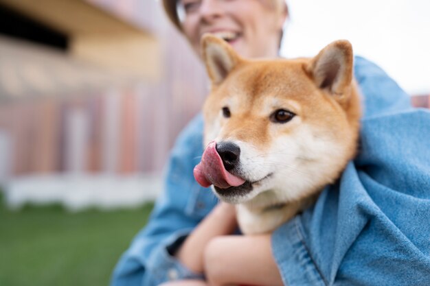 Śliczny zwierzak shiba inu z rodziną