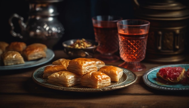 Bezpłatne zdjęcie słodka baklava na drewnianym talerzu turecka rozkosz wygenerowana przez sztuczną inteligencję