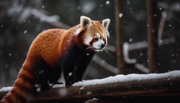 Bezpłatne zdjęcie słodka czerwona panda siedząca na śnieżnej gałęzi wygenerowana przez sztuczną inteligencję