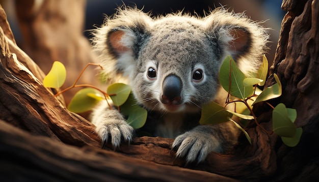 Słodka koala siedząca na gałęzi i patrząca na kamerę generowaną przez sztuczną inteligencję