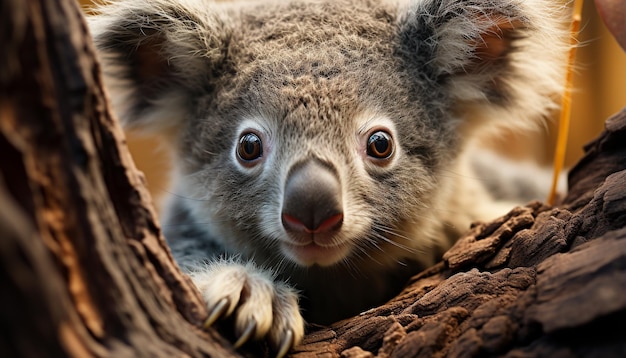 Bezpłatne zdjęcie słodka koala siedząca na gałęzi patrząc na alarm kamery wygenerowany przez sztuczną inteligencję