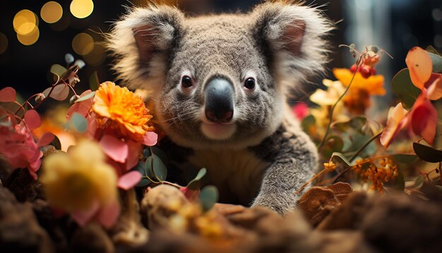 Bezpłatne zdjęcie słodka koala siedząca na gałęzi patrząca na kamerę w naturze wygenerowaną przez sztuczną inteligencję