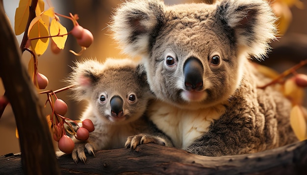 Bezpłatne zdjęcie słodka koala siedząca na gałęzi patrząca na kamerę z futrem wygenerowanym przez sztuczną inteligencję