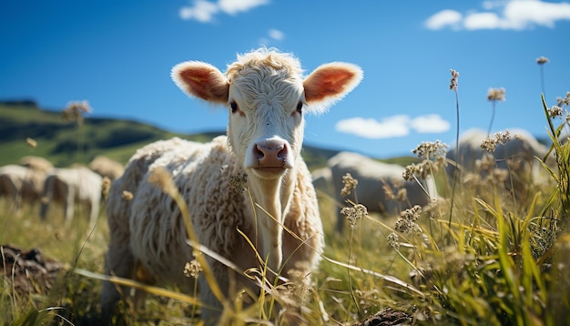 Bezpłatne zdjęcie słodka krowa pasąca się na zielonym łąku patrząc na kamerę wygenerowaną przez sztuczną inteligencję