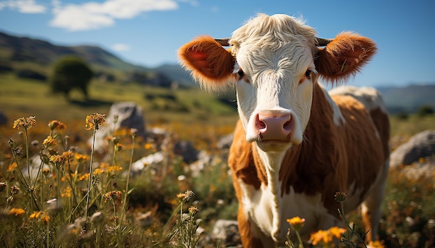 Słodka krowa pasząca się na zielonej łące cieszy się pięknem natury wygenerowanym przez sztuczną inteligencję