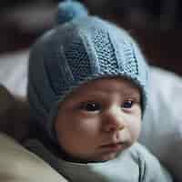 Bezpłatne zdjęcie słodki chłopiec w niebieskim dzierżawionym kapeluszu patrzy na kamerę