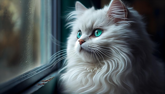 Słodki domowy kotek siedzi przy oknie, wpatrując się w generatywną sztuczną inteligencję