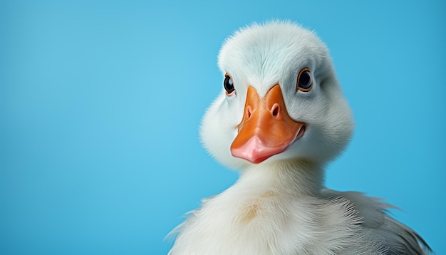 Bezpłatne zdjęcie słodki kaczek z niebieskim piórkiem patrzy na kamerę uroczy generowany przez sztuczną inteligencję