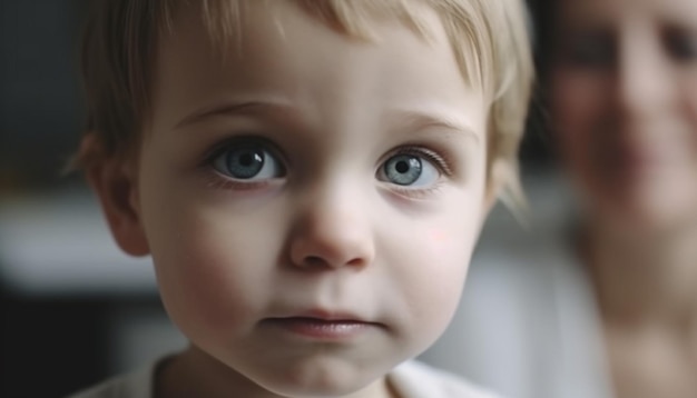 Bezpłatne zdjęcie słodki kaukaski maluch o niebieskich oczach uśmiechający się radośnie generatywną sztuczną inteligencją