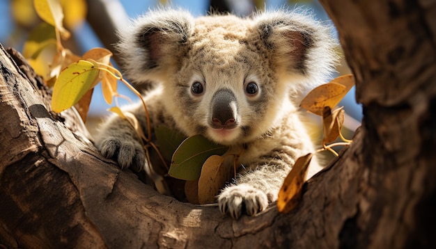 Bezpłatne zdjęcie słodki koala siedzący na gałęzi patrzący na kamerę w lesie wygenerowanym przez sztuczną inteligencję