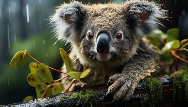 Bezpłatne zdjęcie słodki koala siedzący na gałęzi patrzący na kamerę w lesie wygenerowanym przez sztuczną inteligencję