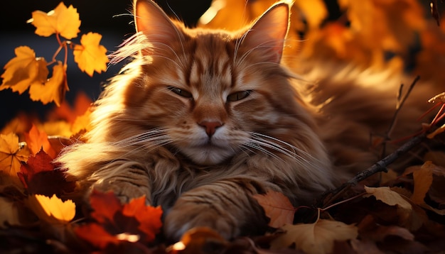 Słodki kotek bawiący się w jesiennym lesie puszystym futrem selektywnie generowanym przez sztuczną inteligencję