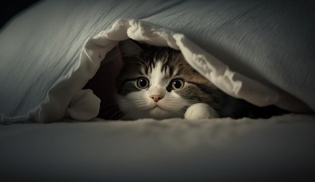 Słodki kotek leży na łóżku, ciesząc się odpoczynkiem generowanym przez sztuczną inteligencję