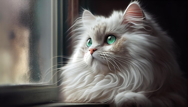 Słodki kotek siedzący przy oknie, wpatrujący się w ciekawie generatywną sztuczną inteligencję