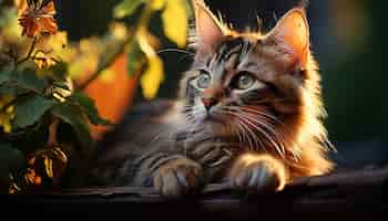 Bezpłatne zdjęcie słodki kotek siedzi na trawie i patrzy na kamerę na zewnątrz generowaną przez sztuczną inteligencję
