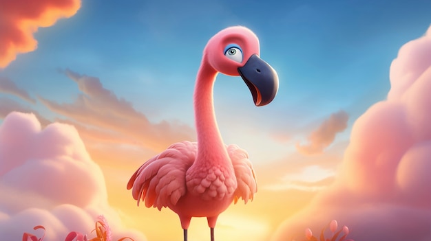 Słodki, kreskówkowy flamingo w przyrodzie