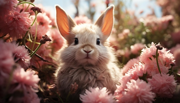 Bezpłatne zdjęcie słodki królik siedzący na trawie otoczony kwiatami generowanymi przez sztuczną inteligencję