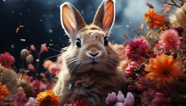 Słodki królik siedzący na trawie otoczony kwiatami generowanymi przez sztuczną inteligencję