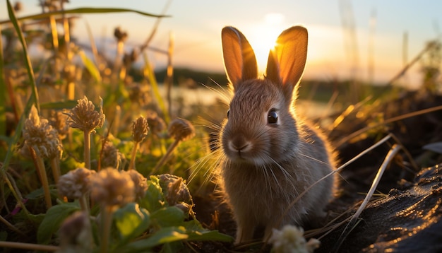 Słodki królik siedzący na zielonej łące, cieszący się letnim światłem słonecznym generowanym przez sztuczną inteligencję