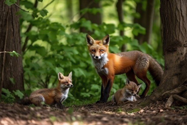 Słodki lis z dziećmi w przyrodzie