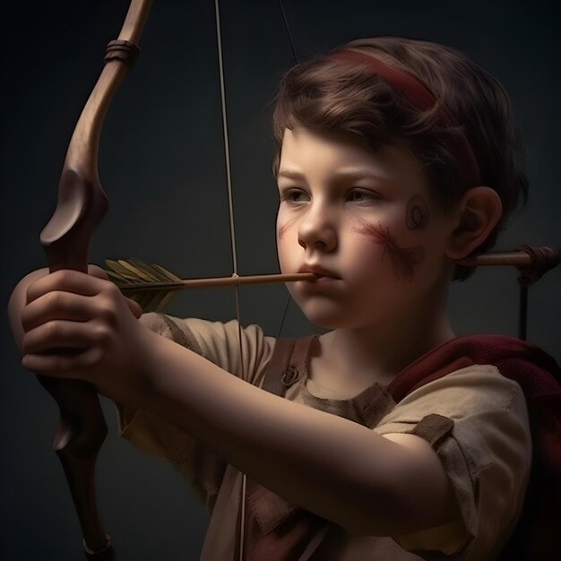 Bezpłatne zdjęcie słodki mały chłopiec bawiący się łukiem i strzałami