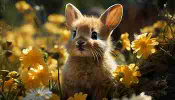 Bezpłatne zdjęcie słodki mały królik siedzący na trawie i patrzący na kwiat wygenerowany przez sztuczną inteligencję