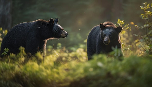 Bezpłatne zdjęcie słodki miś panda wyglądający figlarnie w lesie wygenerowany przez sztuczną inteligencję