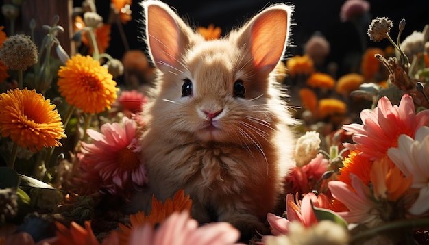 Bezpłatne zdjęcie słodki młody królik siedzący na trawie otoczony kwiatami generowanymi przez sztuczną inteligencję