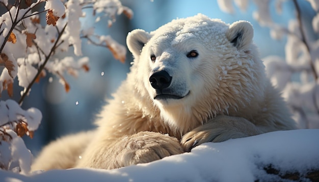 Bezpłatne zdjęcie słodki pies samoyed siedzący w zaśnieżonym lesie arktycznym generowany przez sztuczną inteligencję