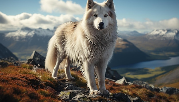 Bezpłatne zdjęcie słodki pies stojący na zaśnieżonej górze, odkrywający piękno natury generowane przez sztuczną inteligencję