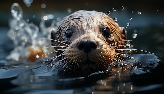 Słodki ssak patrzący na mokre futro aparatu, zabawne podwodne pływanie generowane przez sztuczną inteligencję