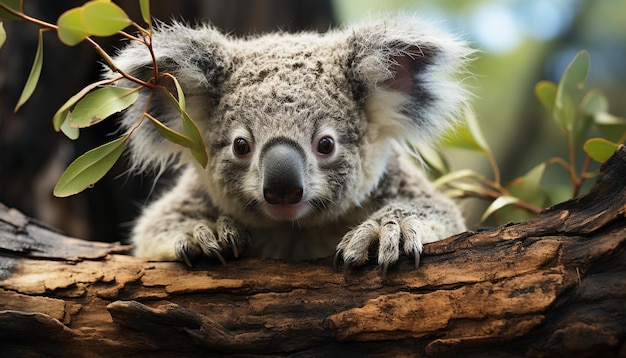 Bezpłatne zdjęcie słodki ssak torbacz koala siedzący na drzewie eukaliptusowym i patrzący na kamerę generowaną przez sztuczną inteligencję