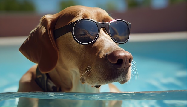 Bezpłatne zdjęcie słodki szczeniak retriever w okularach przeciwsłonecznych na świeżym powietrzu w letniej generatywnej sztucznej inteligencji