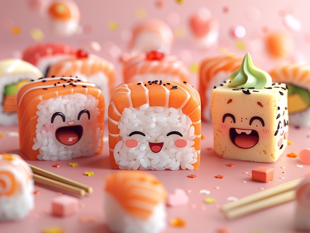 Bezpłatne zdjęcie słodkie 3d sushi z twarzą