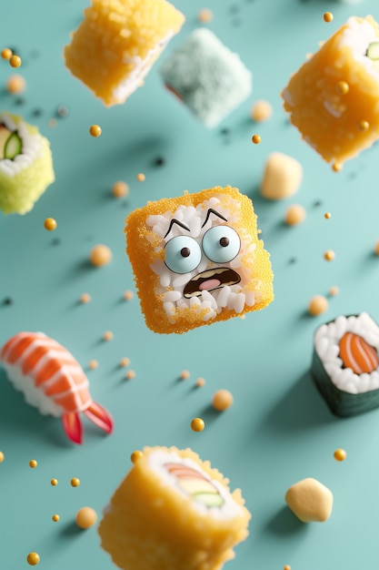 Bezpłatne zdjęcie słodkie 3d sushi z twarzą