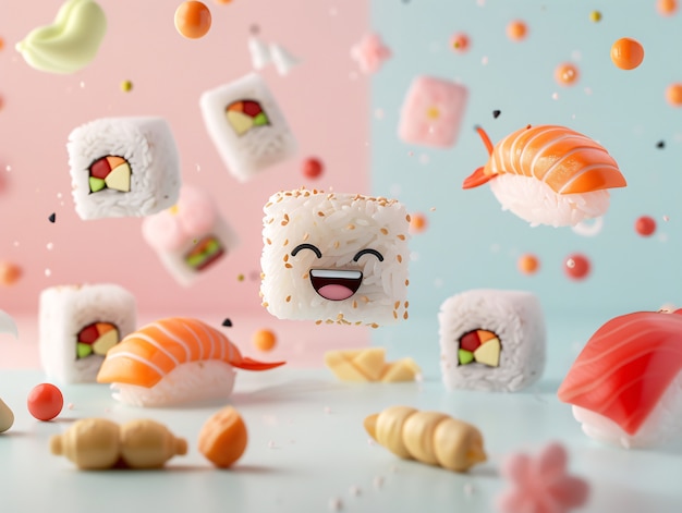 Bezpłatne zdjęcie słodkie 3d sushi z twarzą