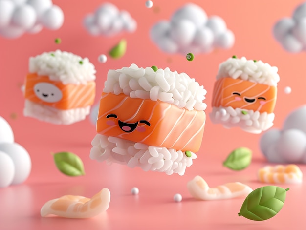 Bezpłatne zdjęcie słodkie 3d sushi z twarzą