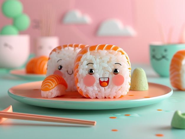 Bezpłatne zdjęcie słodkie 3d sushi z twarzą