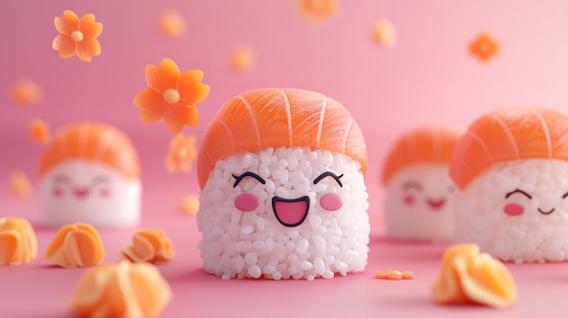 Bezpłatne zdjęcie słodkie 3d sushi z twarzą