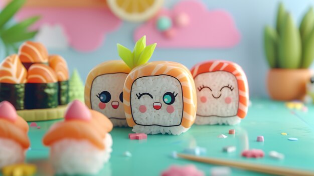 Słodkie 3D sushi z twarzą