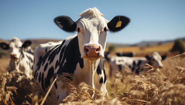 Słodkie bydło Holstein pasące się na zielonej łące piękno farmy wygenerowane przez sztuczną inteligencję