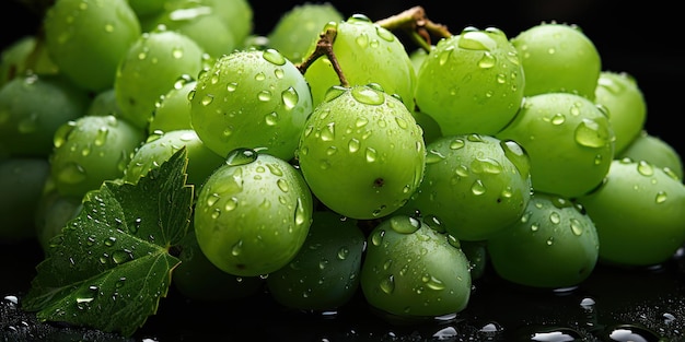 Bezpłatne zdjęcie słodkie zielone winogrona z kropelkami wody na czarnym tle