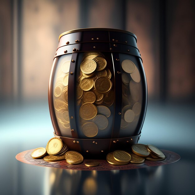 Słoik złotych monet leży na stole z ciemnym tłem.